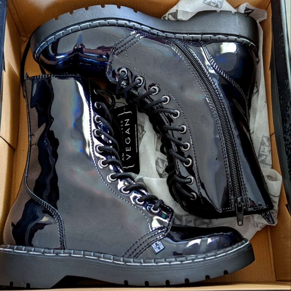 T.U.K. NIB Black Vegan Patent 10 Eye Boots sz 6, 6.5, or small 7